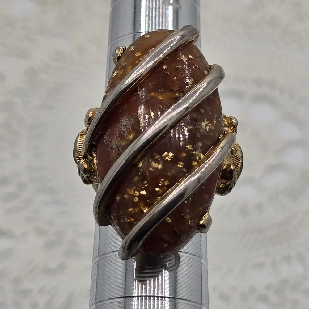 Vintage Wire Wrapped Amber Color  Abstract Statement Ring Size 4 Adjustable